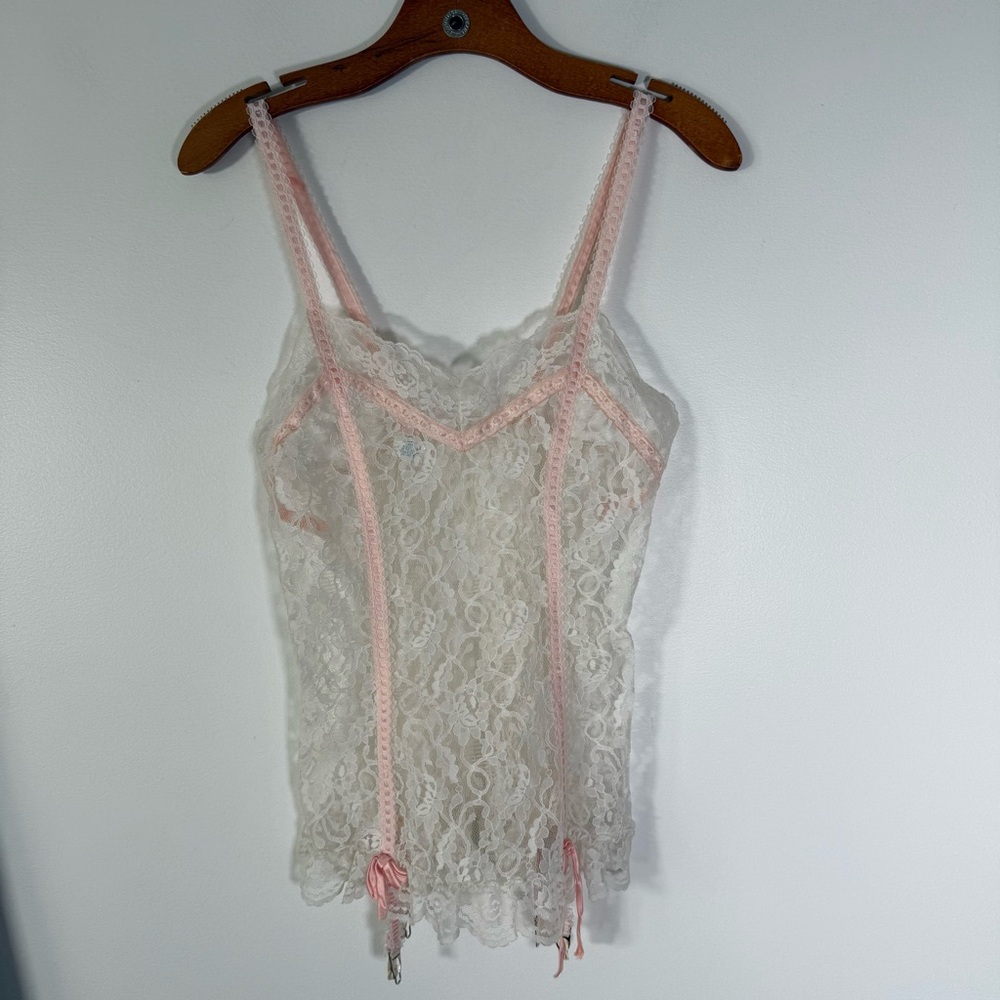 Vintage Undercover Wear Lace Tank With Garter Hook Lingerie Coquette Sheer S